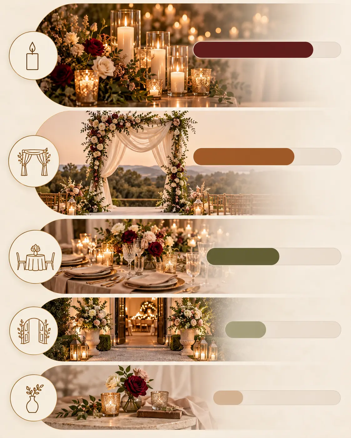 Wedding decor budget priority chart emphasizing lighting, the main focal point, guest tables, arrival and smaller details