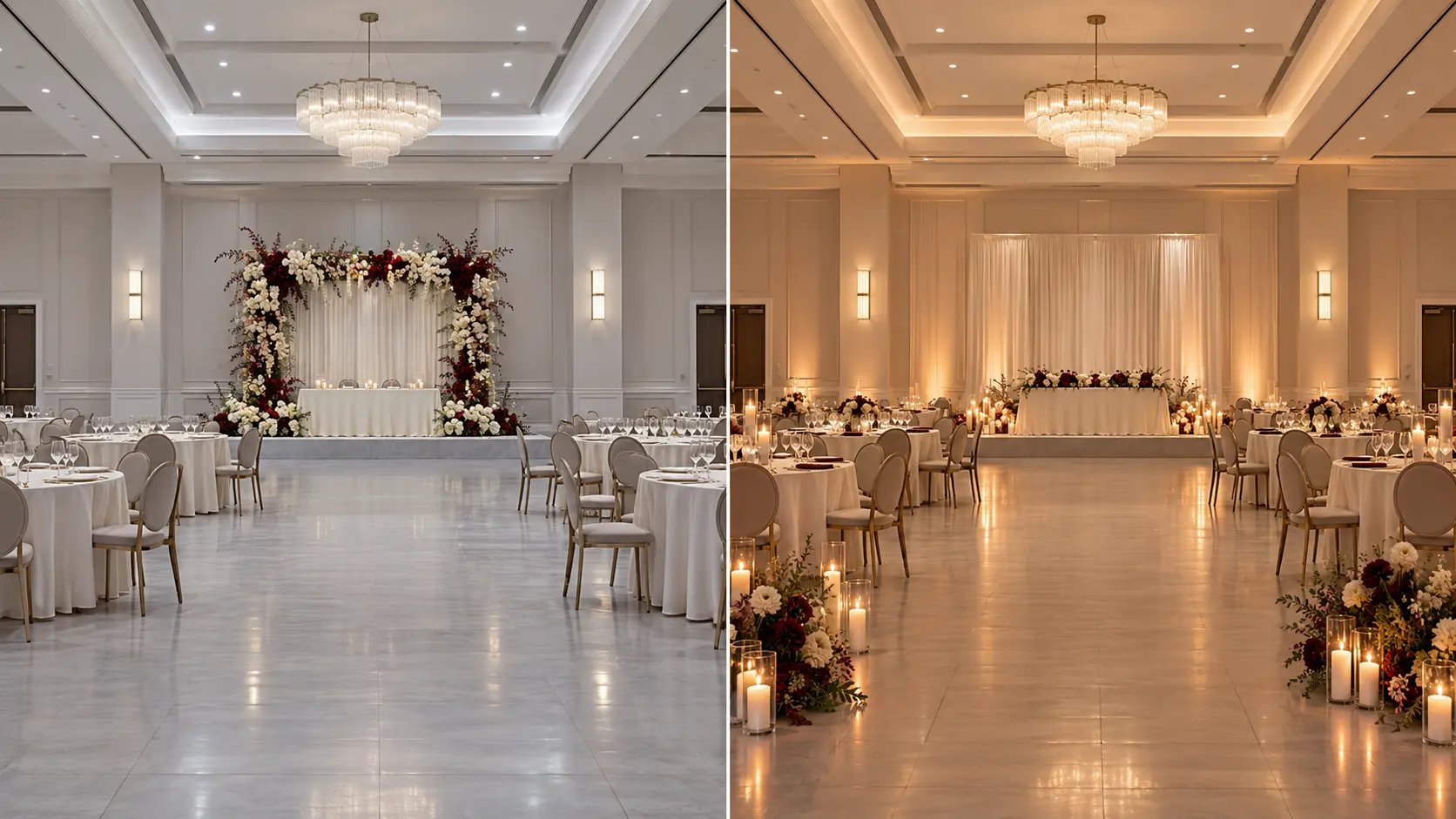 The same ballroom shown with isolated backdrop decor and with cohesive whole-room styling