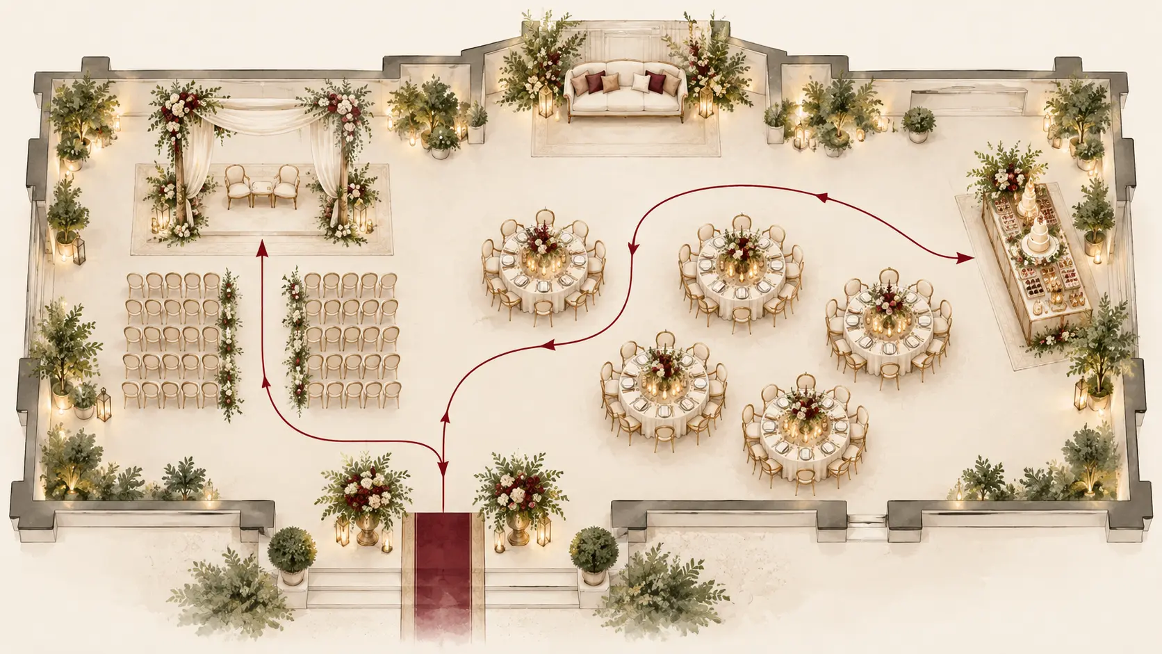 Illustrated wedding venue plan showing the guest journey from entrance through ceremony, dining and dessert areas