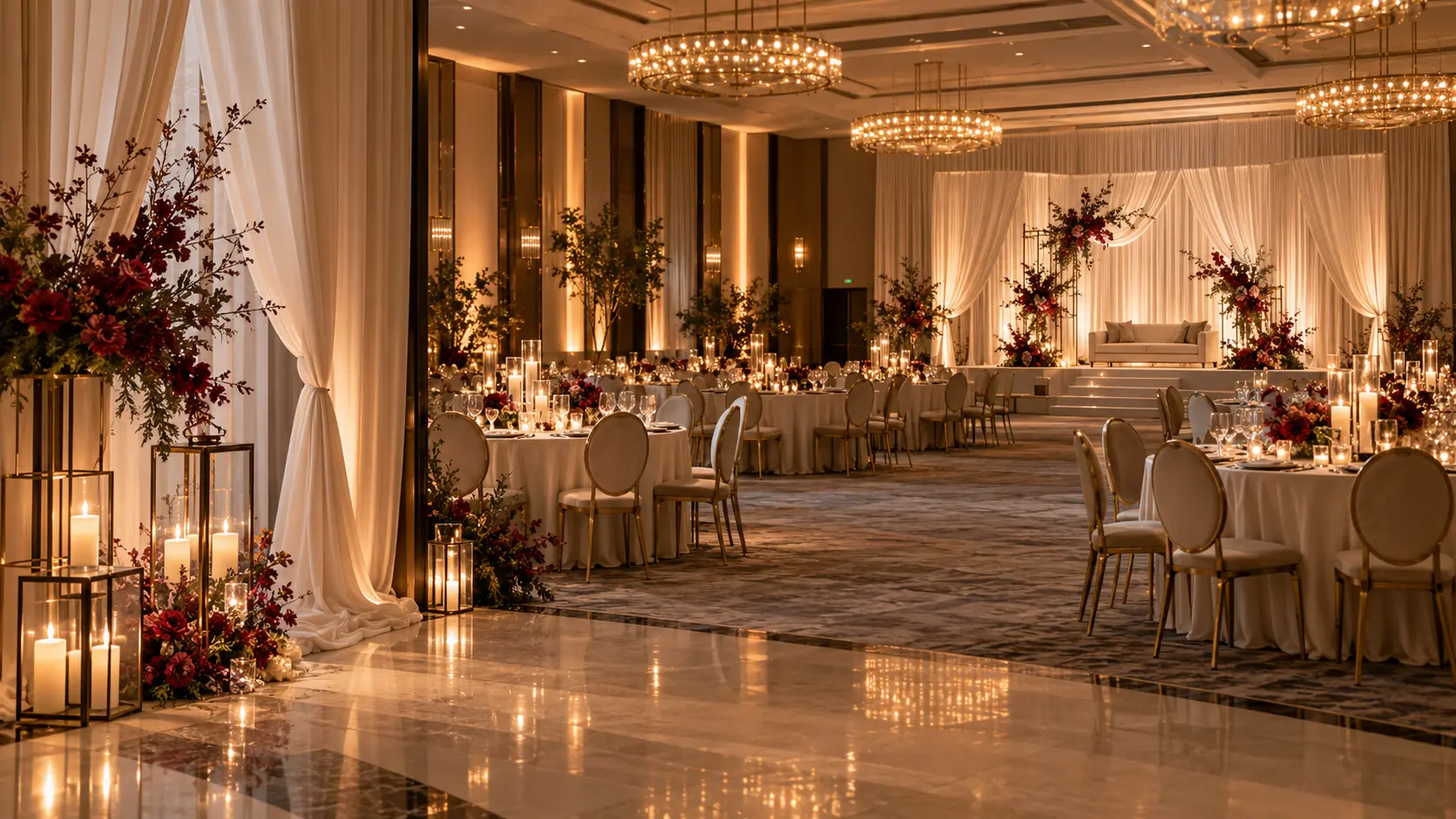 Wide wedding venue with coordinated stage, tables, entrance draping and warm lighting