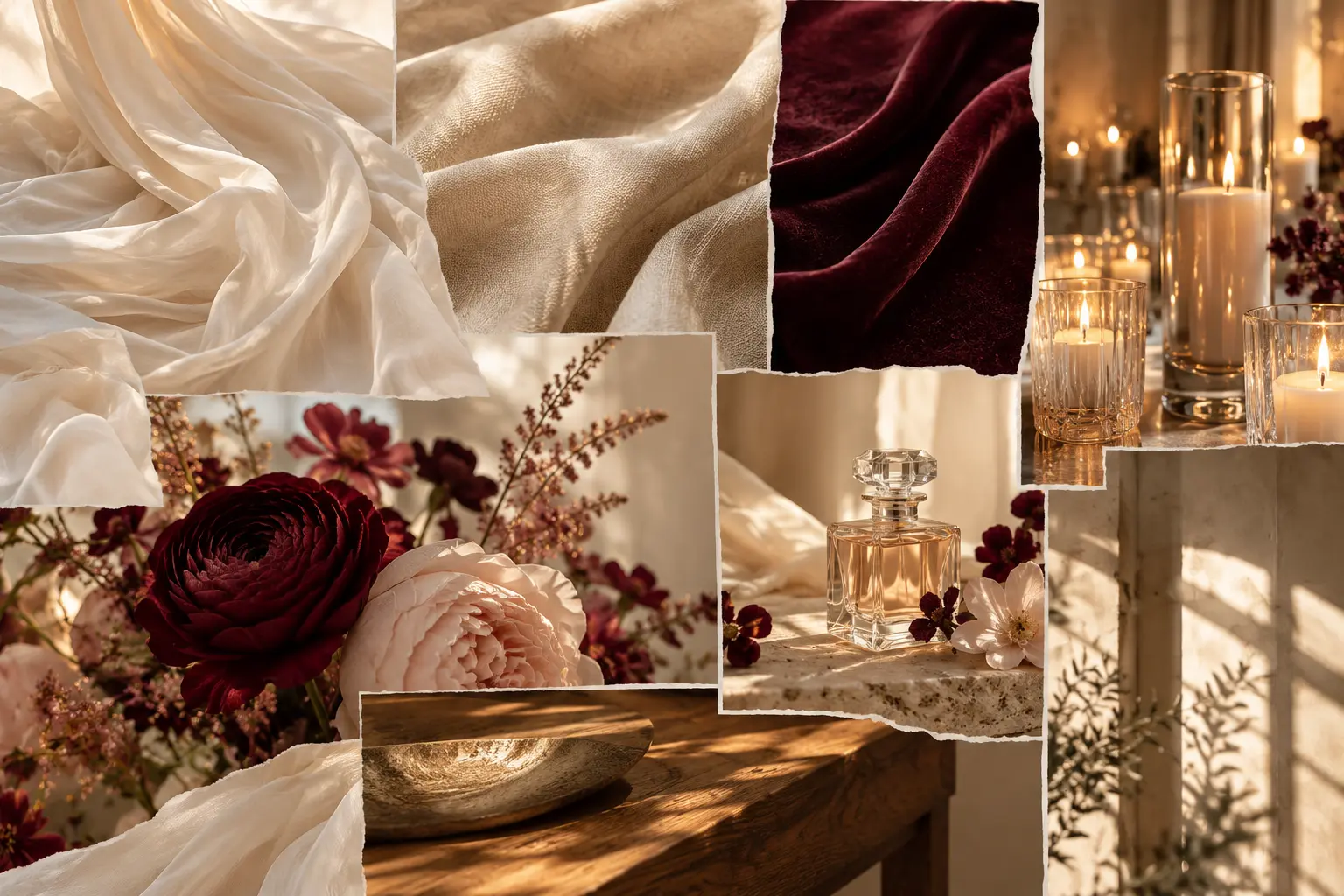 Moodboard of ivory chiffon, champagne linen, burgundy velvet, glass candlelight, florals and warm wood