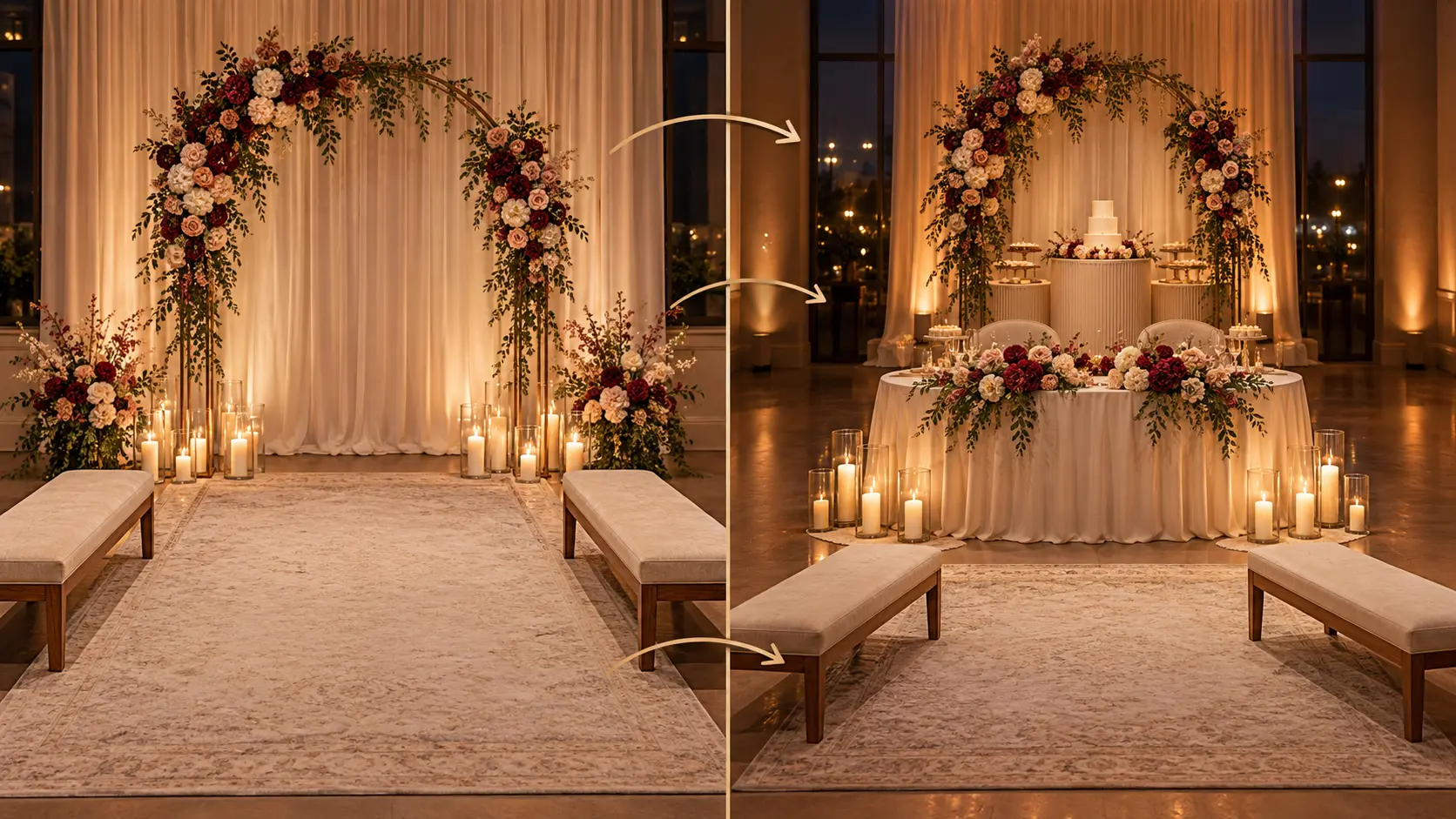 Before-and-after wedding decor plan moving a floral ceremony arch, benches and candles into a reception setting