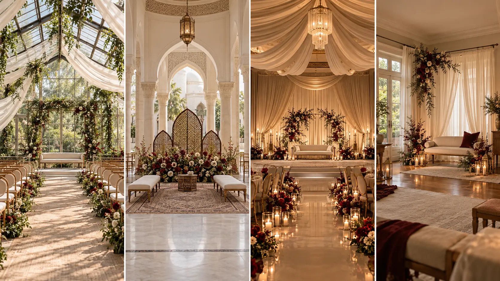 Four wedding decor approaches designed for a greenhouse, mosque, ballroom and private home