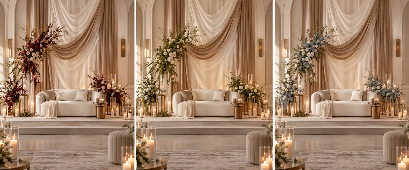 Three neutral wedding backdrop mockups styled with burgundy, olive and dusty blue accent flowers