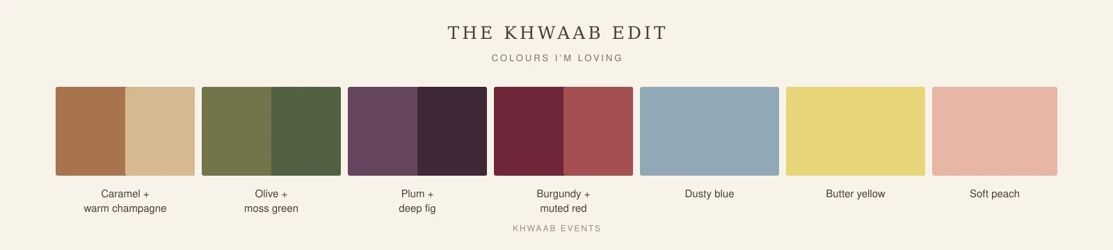 Khwaab Edit colour swatches in caramel, champagne, olive, moss, plum, fig, burgundy, muted red, dusty blue, butter yellow and soft peach
