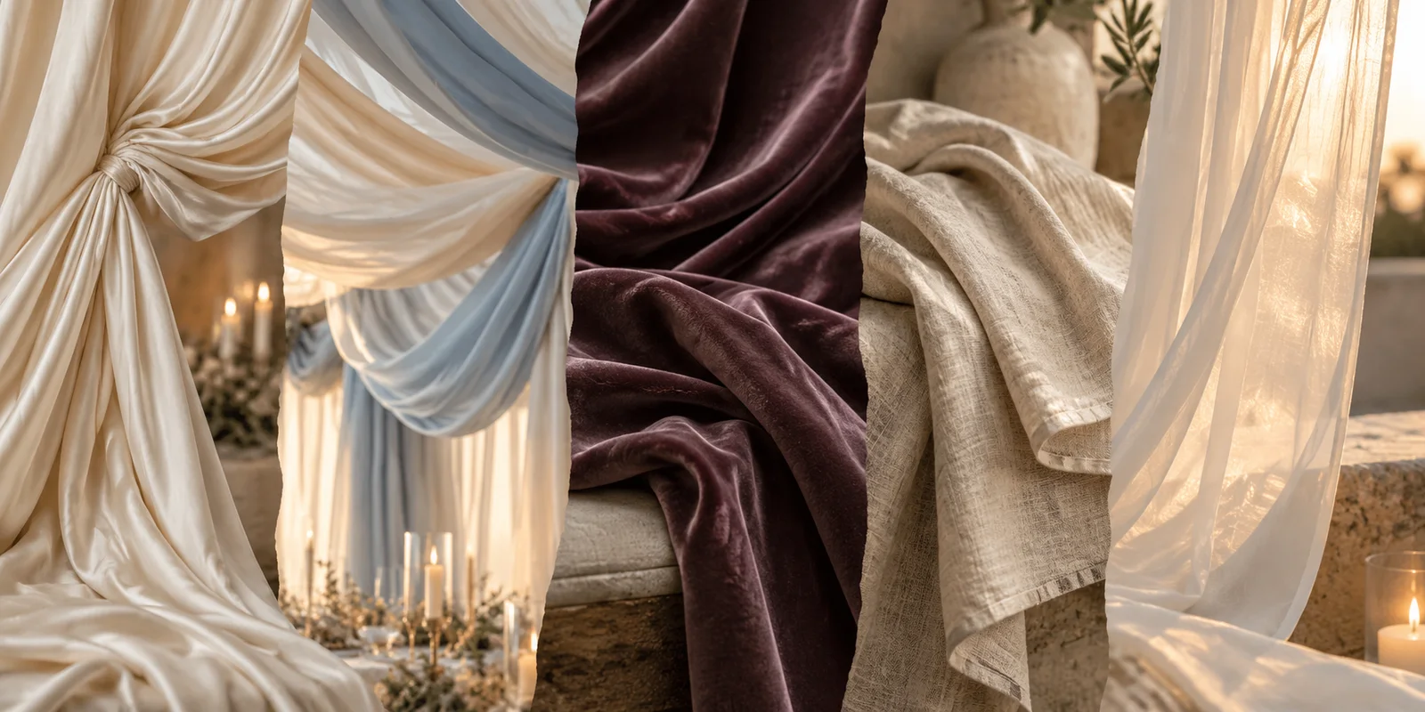 Editorial fabric moodboard showing gathered silk, loose draping, plum velvet, natural linen and sheer chiffon