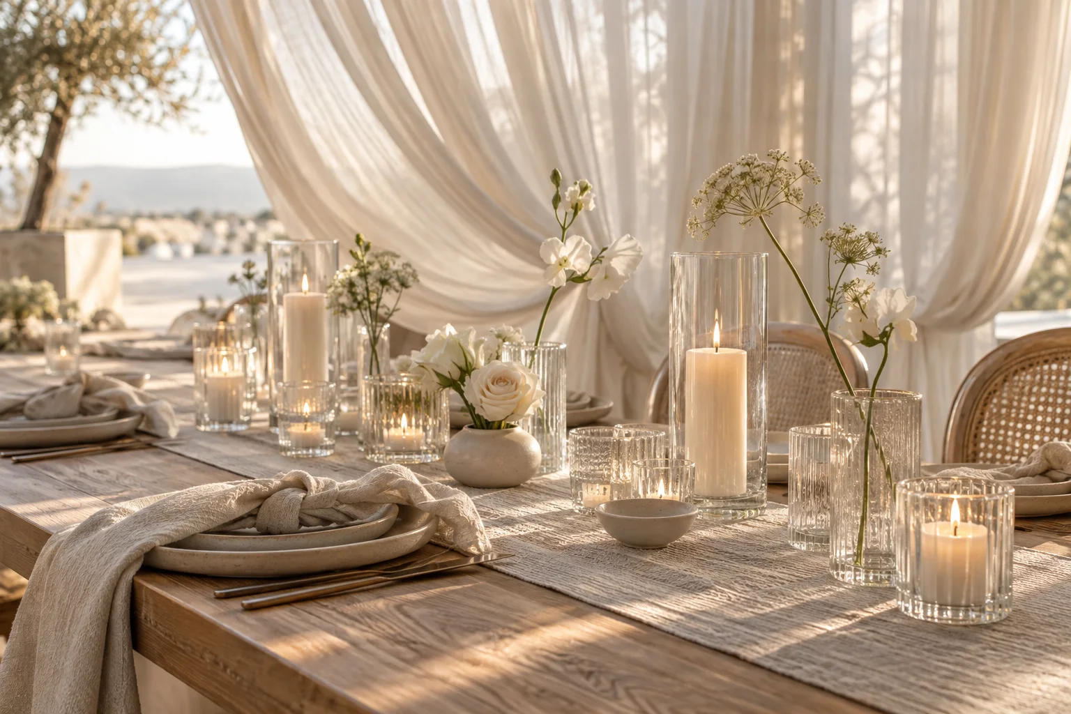 Neutral wedding tablescape layering ivory chiffon, linen, glass candleholders, warm wood and delicate white flowers